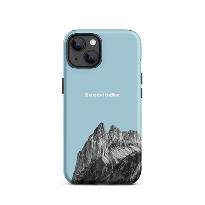 Robuste iPhone-Hülle in Hellblau mit Saxerlücke-Motiv aus dem Alpstein, Schutzhülle aus strapazierfähigem Material.