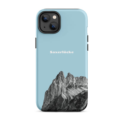 Robuste iPhone-Hülle in Hellblau mit Saxerlücke-Motiv im Alpstein-Design, Schutzhülle aus strapazierfähigem Material.
