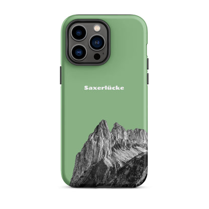 Hellgrüne iPhone Hülle mit Saxerlücke Motiv, robustes Design, Schutzhülle aus hochwertigem Material.