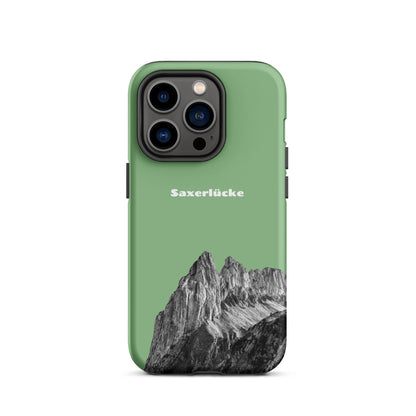 Robuste iPhone-Hülle in Hellgrün mit Saxerlücke-Design, Schutzhülle aus strapazierfähigem Material.