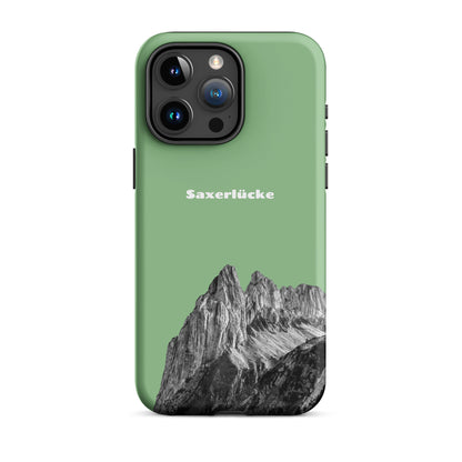 Robuste iPhone Schutzhülle in Hellgrün mit Saxerlücke Design aus dem Alpstein, stoßfest und stylisch.