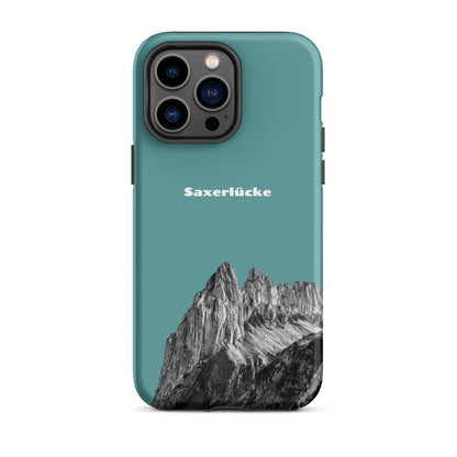 Robuste iPhone-Hülle in Kadettenblau mit Saxerlücke-Design im Alpstein, Schutzhülle aus hochwertigem Material.