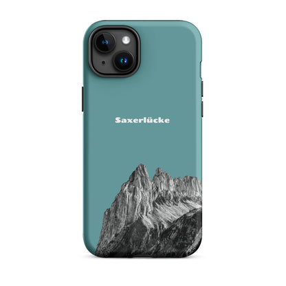 iPhone Case Saxerlücke in Kadettenblau, robuste Schutzhülle mit Alpstein-Motiv aus nachhaltigem Material.