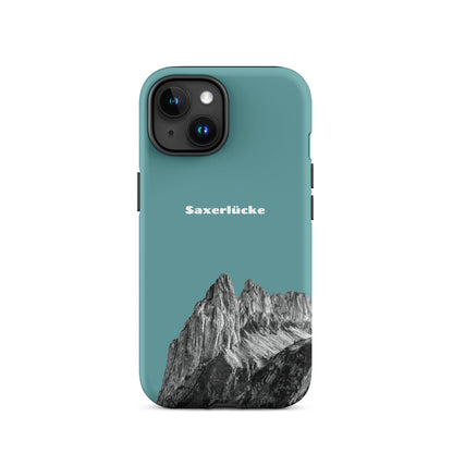 Robuste iPhone-Hülle in Kadettenblau mit Saxerlücke-Motiv aus dem Alpstein, Schutzhülle aus widerstandsfähigem Material.