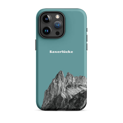 Robuste iPhone Handyhülle in Kadettenblau mit Saxerlücke Design aus dem Alpstein.