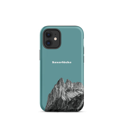 Robuste iPhone-Hülle in Kadettenblau mit Saxerlücke-Motiv, Alpstein-Design, schützend und stilvoll.
