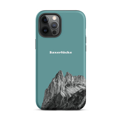 iPhone Case Saxerlücke in Kadettenblau, robuste Handyhülle mit Alpenmotiv und Schutzfunktion.