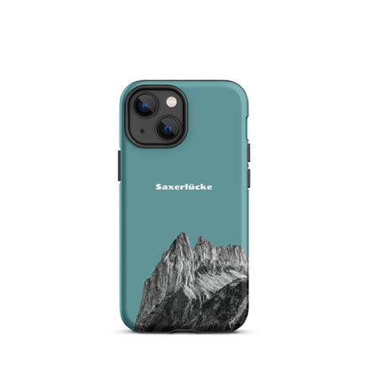 Robuste iPhone-Hülle in Kadettenblau mit Saxerlücke-Motiv aus dem Alpstein, schützende Silikonhülle mit präzisem Design.