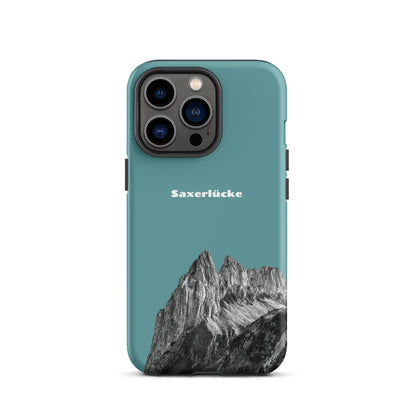 Robuste iPhone-Hülle in Kadettenblau mit Saxerlücke-Design aus dem Alpstein, Schutzhülle mit attraktivem Motiv.