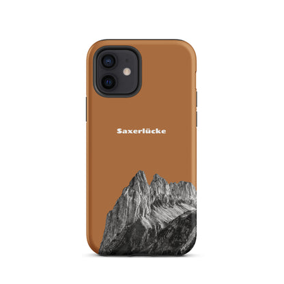 Robuste iPhone-Hülle mit Saxerlücke-Motiv in Kupferoptik, Alpstein-Design, Schutzhülle aus hochwertigem Material.
