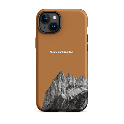 Robuste iPhone Schutzhülle in Kupferoptik mit Saxerlücke-Design, Alpstein-Motiv, stoßfest.