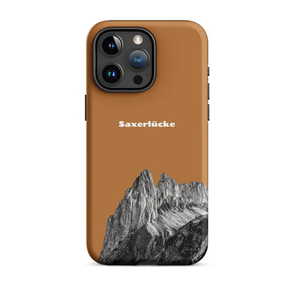 Robuste iPhone-Hülle mit Saxerlücke-Motiv in Kupferoptik, Alpstein-Design, schützend.