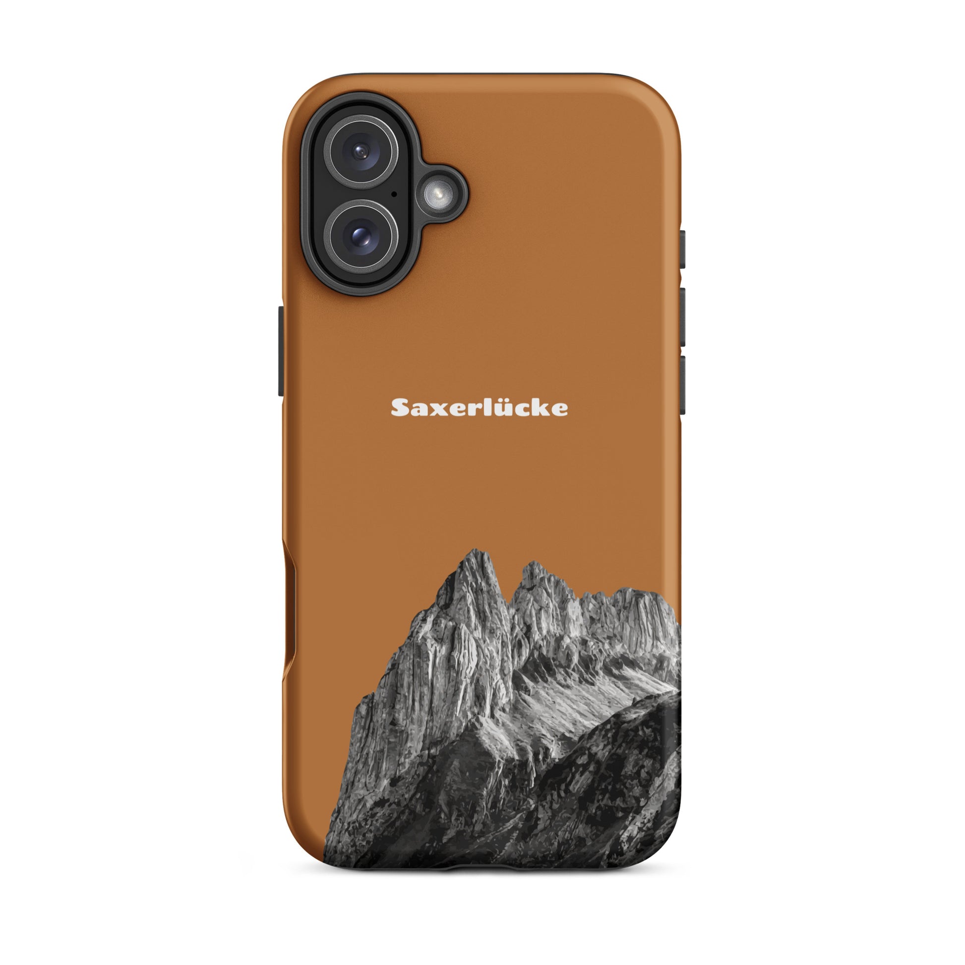 Robuste iPhone-Hülle in Kupferoptik mit Saxerlücke-Design, Alpstein-Motiv, stoßfest.