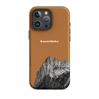 Robuste iPhone-Hülle in Kupferoptik mit Saxerlücke-Motiv aus dem Alpstein, Schutzhülle mit attraktivem Design.