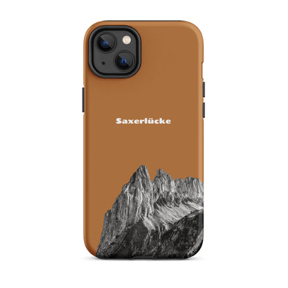 Robuste iPhone Schutzhülle in Kupferoptik mit Saxerlücke-Motiv aus dem Alpstein, attraktives Design.