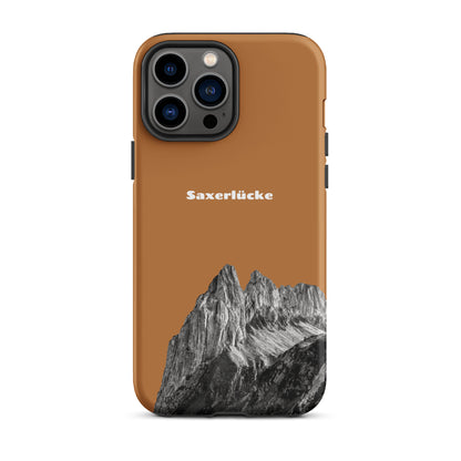 Robuste iPhone-Hülle in Kupferoptik mit Saxerlücke-Motiv aus dem Alpstein, stoßfest und elegant.