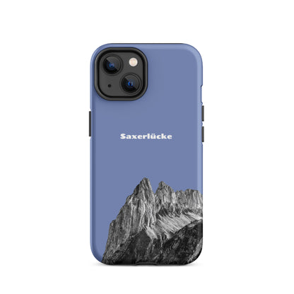 Robuste iPhone-Hülle in Pastellblau mit Saxerlücke-Motiv aus dem Alpstein, Schutzhülle aus widerstandsfähigem Material.