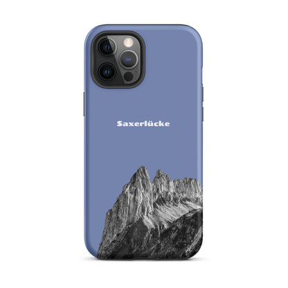 Pastellblaue iPhone Hülle mit Saxerlücke Motiv, robuste Schutzhülle aus hartem Plastik.