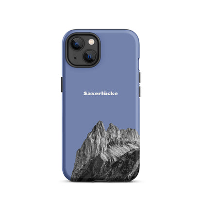Robuste iPhone-Hülle in Pastellblau mit Saxerlücke-Motiv aus dem Alpstein, stoßfestes Design.
