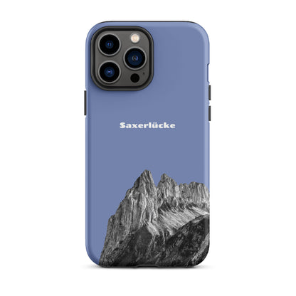 Robuste iPhone-Hülle in Pastellblau mit Saxerlücke-Motiv im Alpstein, schützendes Design.