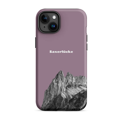 Robuste iPhone-Hülle in Pastellviolett mit Saxerlücke-Motiv im Alpstein-Design, Schutzhülle aus strapazierfähigem Material.