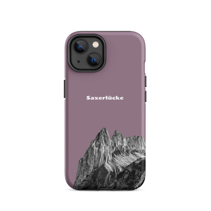 Robuste iPhone Hülle in Pastellviolett mit Saxerlücke-Motiv im Alpstein-Design, Schutzhülle aus widerstandsfähigem Material.