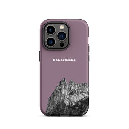 Robuste iPhone-Hülle in Pastellviolett mit Saxerlücke-Motiv aus dem Alpstein, Schutzhülle mit attraktivem Design.