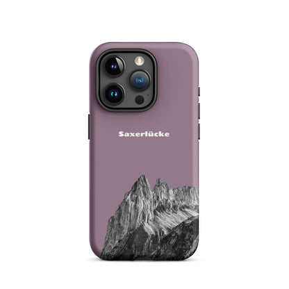 Robuste iPhone-Hülle in Pastellviolett mit Saxerlücke-Motiv aus dem Alpstein, Schutzhülle mit attraktivem Design.