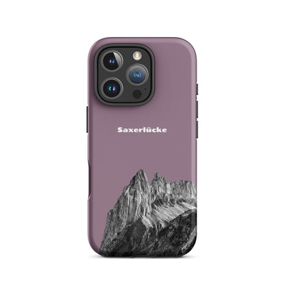 Robuste iPhone-Hülle in Pastellviolett mit Saxerlücke-Motiv aus dem Alpstein, Schutzhülle mit attraktivem Design.