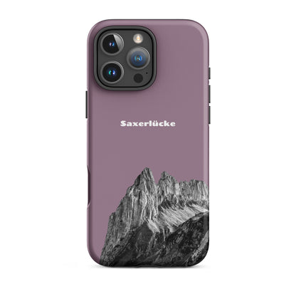 Robuste iPhone-Hülle in Pastellviolett mit Saxerlücke-Motiv, Alpstein-Design, stoßfest.