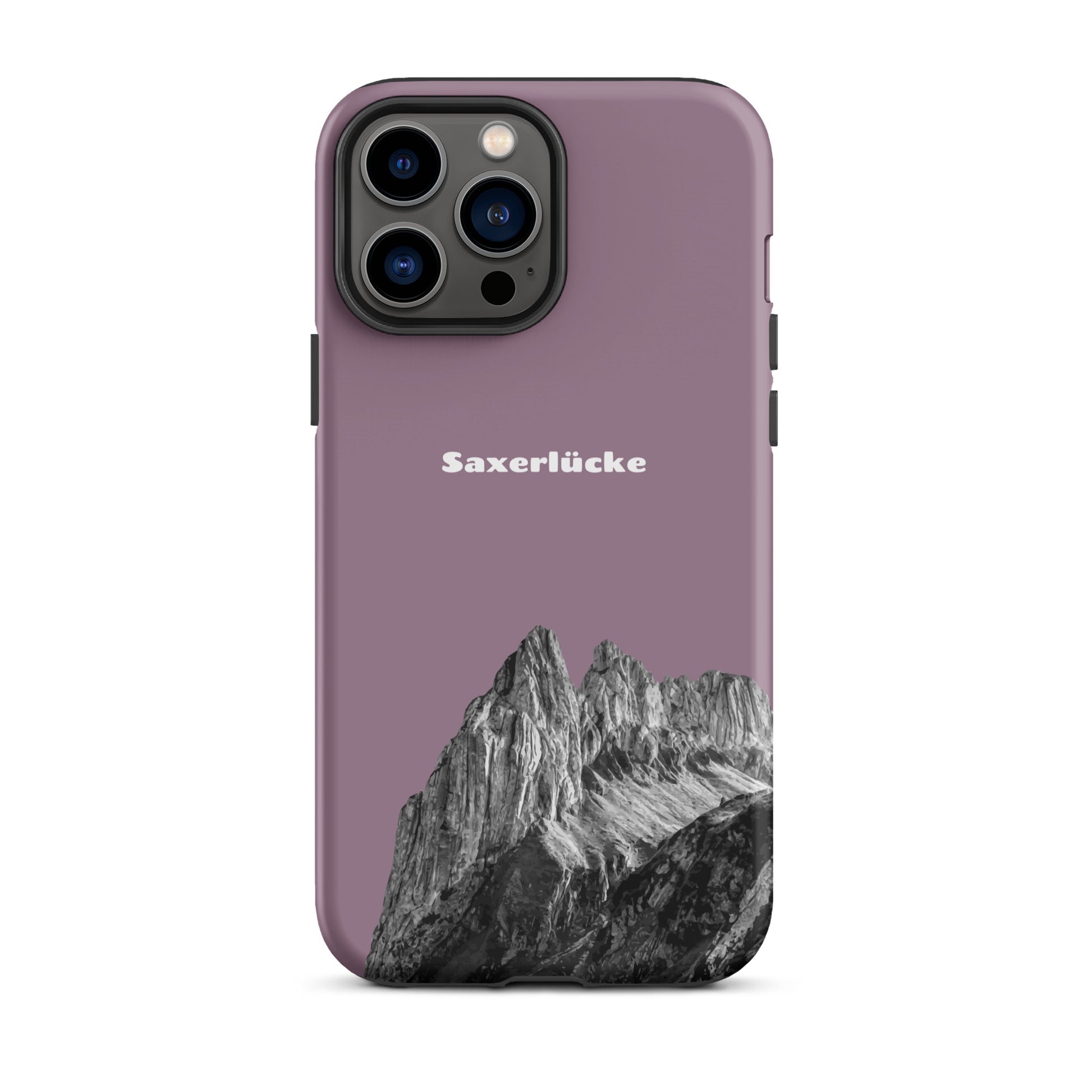 iPhone Hülle Saxerlücke in Pastellviolett, robuste Schutzhülle mit Alpenmotiv, Seitenansicht.