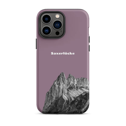 iPhone Hülle Saxerlücke in Pastellviolett, robuste Schutzhülle mit Alpenmotiv, Seitenansicht.
