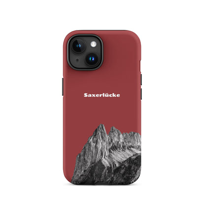 Robuste iPhone Schutzhülle in Rot mit Saxerlücke-Design, Alpstein-Motiv, stoßfest.
