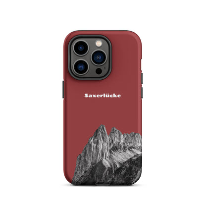 Rote iPhone-Hülle mit Saxerlücke-Motiv, robustes Design, Alpstein-Landschaft, Schutzhülle für iPhone.