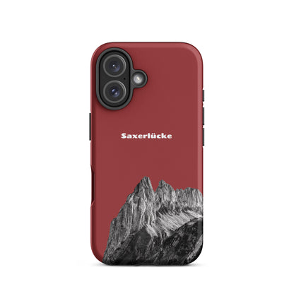 Rote iPhone-Hülle Saxerlücke mit robustem Design, Schutzhülle für iPhone, Alpstein-Motiv.