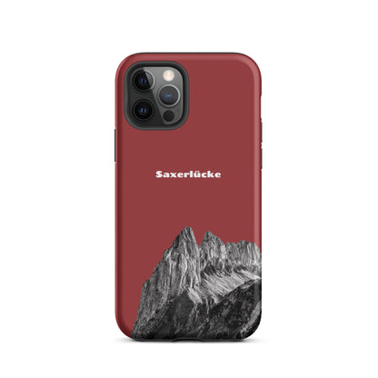 Robuste iPhone-Hülle in Rot mit Saxerlücke-Motiv, Alpstein-Design, stoßfest.