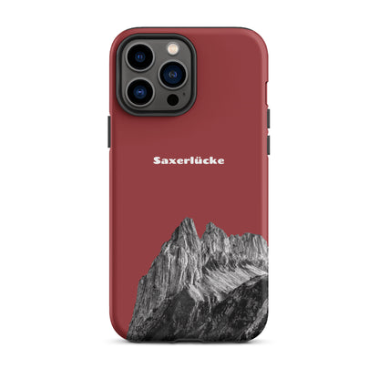 Rote iPhone-Hülle mit Saxerlücke-Design aus robustem Material, Schutzhülle für iPhone mit Alpstein-Motiv.