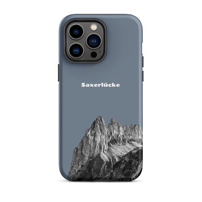 Robuste iPhone Hülle in Schiefergrau mit Saxerlücke-Motiv aus dem Alpstein, stoßfest und stylisch.