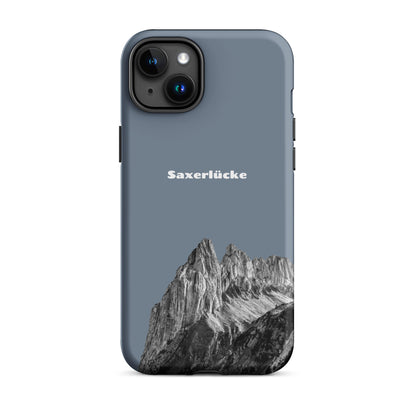 Schiefergraue iPhone-Hülle mit Saxerlücke-Motiv, robustes Design, Alpstein-Landschaft.