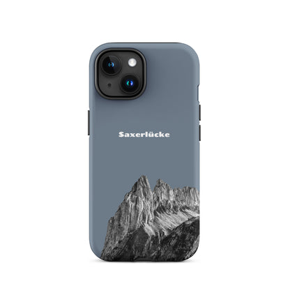Robuste iPhone-Hülle in Schiefergrau mit Saxerlücke-Design, Alpstein-Motiv, stoßfest.