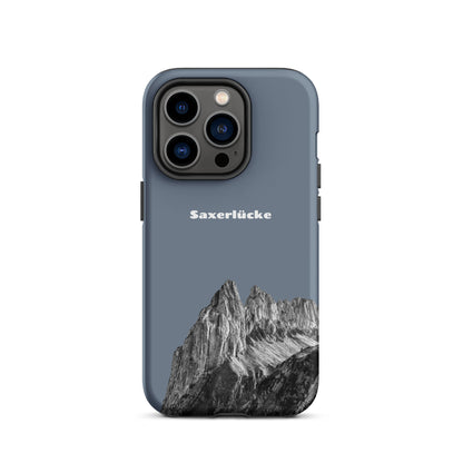 Robuste iPhone-Hülle in Schiefergrau mit Saxerlücke-Motiv aus dem Alpstein, stoßfest und stilvoll.