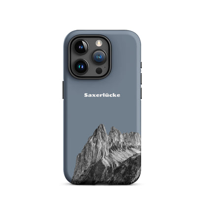 Robuste iPhone-Hülle in Schiefergrau mit Saxerlücke-Motiv aus dem Alpstein, stoßfest und elegant.