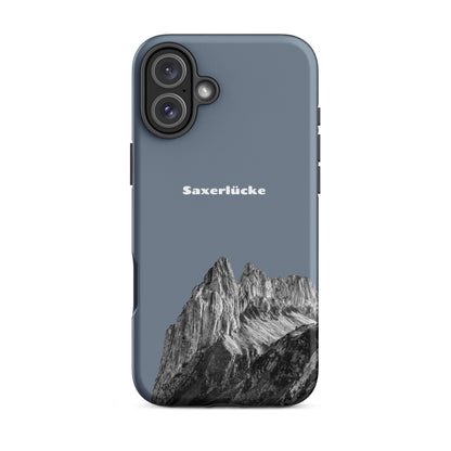 Robuste iPhone-Hülle in Schiefergrau mit Saxerlücke-Motiv aus dem Alpstein, stoßfest und stilvoll.