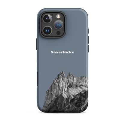 Robuste iPhone-Hülle in Schiefergrau mit Saxerlücke-Motiv aus dem Alpstein, stoßfest und stylisch.