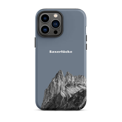 Schiefergraue iPhone-Hülle mit Saxerlücke-Motiv aus dem Alpstein, robustes Design, Schutzfunktion.