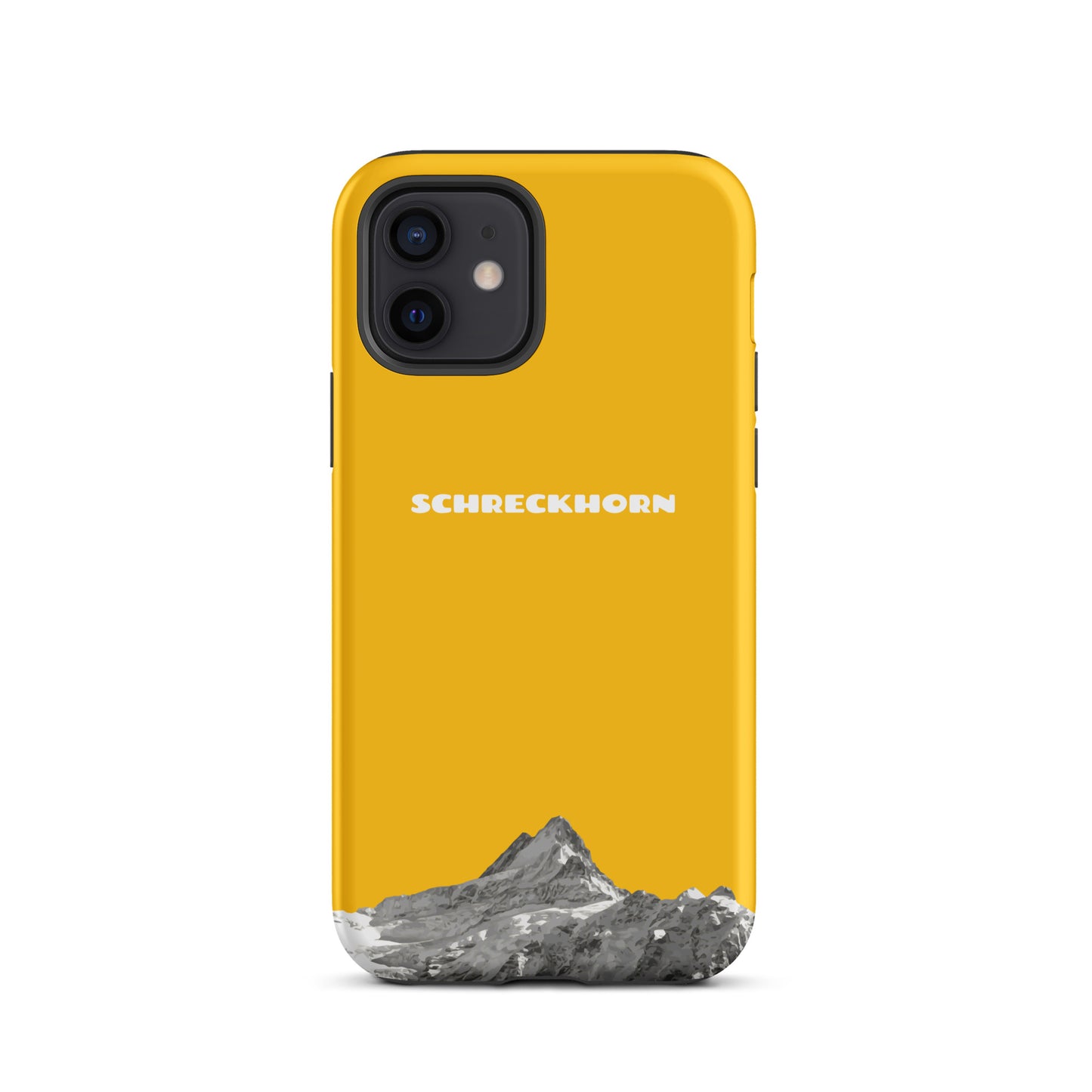 Goldgelbe iPhone 12 Hülle mit Schreckhorn-Motiv, schützende Silikonhülle.