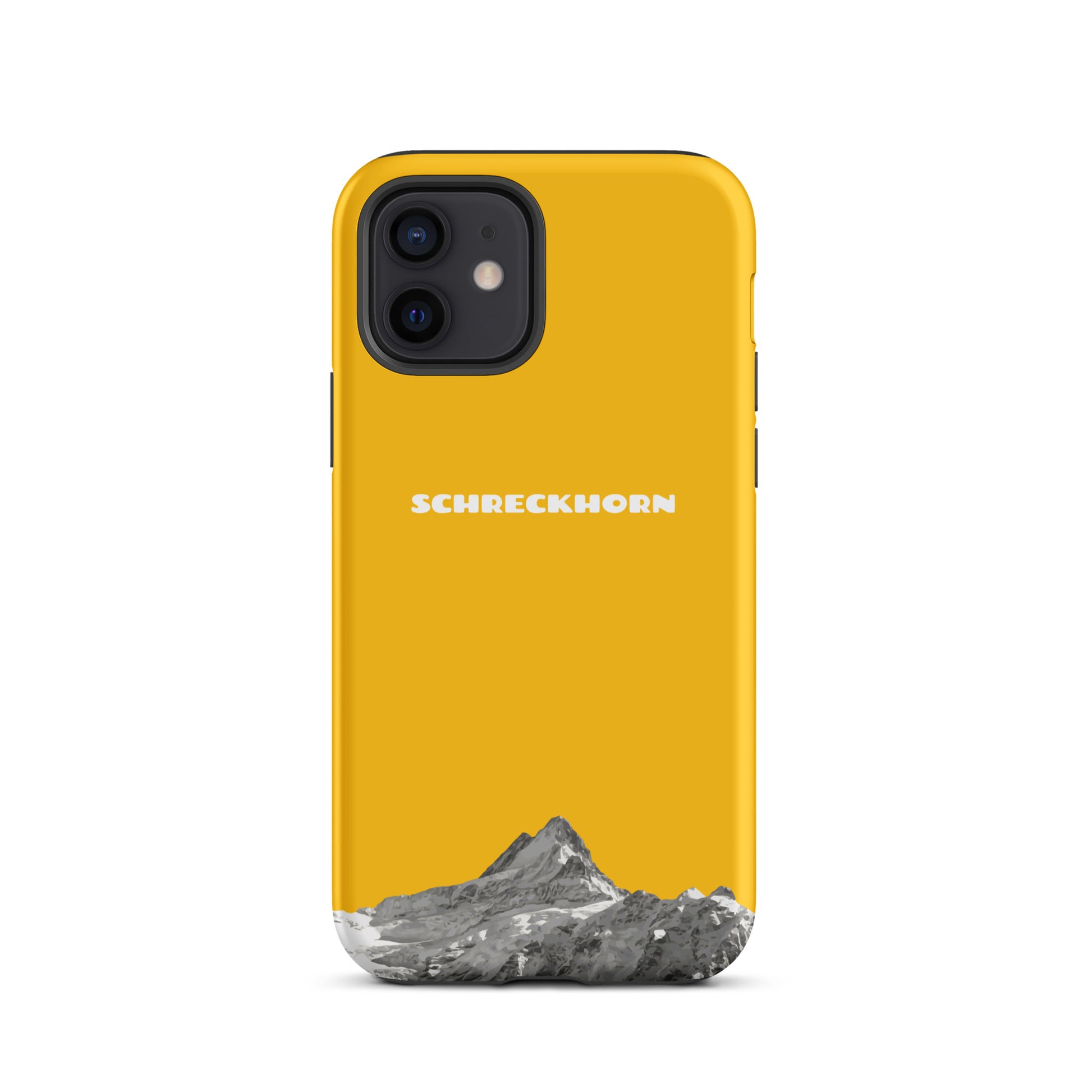 Goldgelbe iPhone 12 Hülle mit Schreckhorn-Motiv, schützende Silikonhülle.