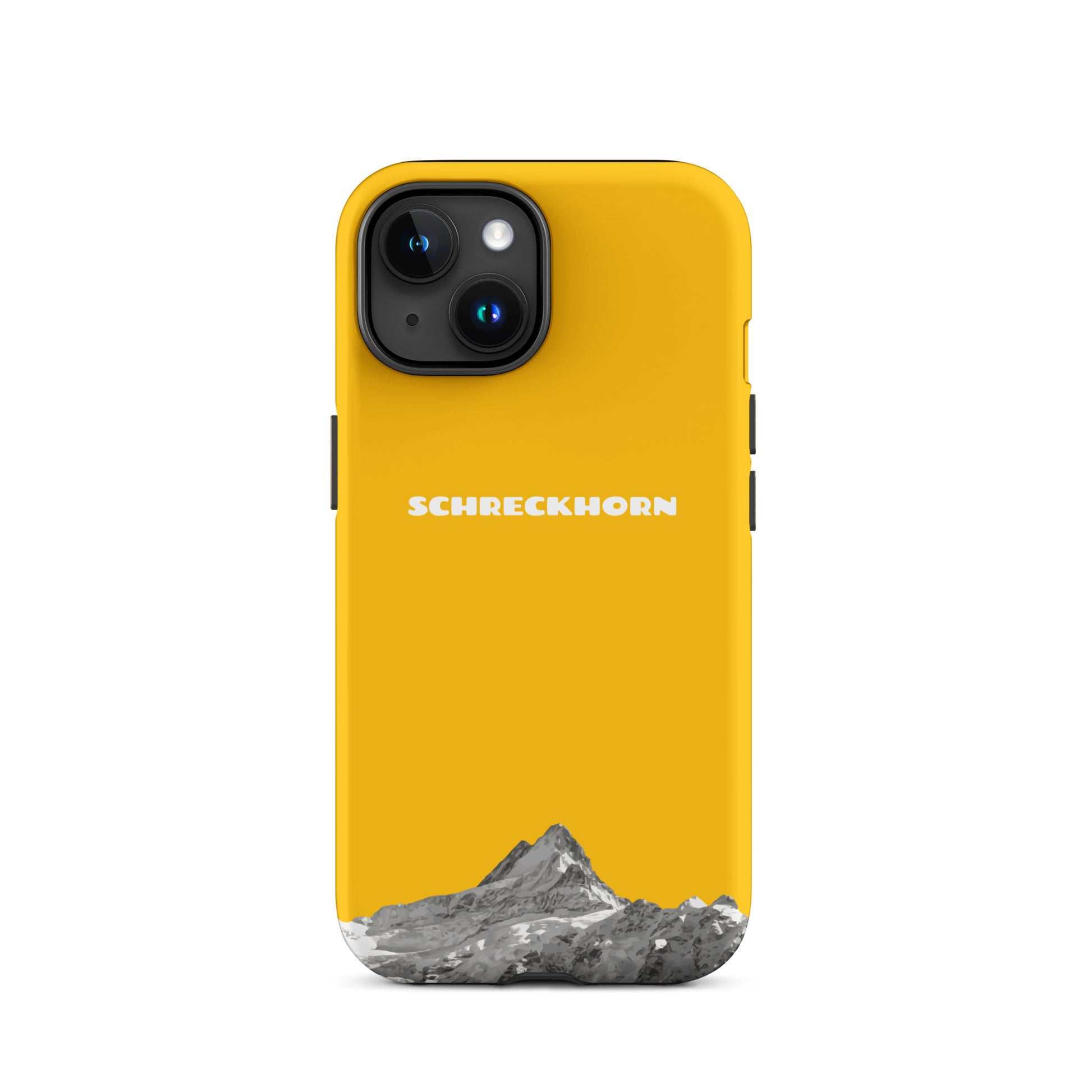 Goldgelbe iPhone-Hülle mit Schreckhorn-Motiv, kompatibel mit Apple iPhone 15.