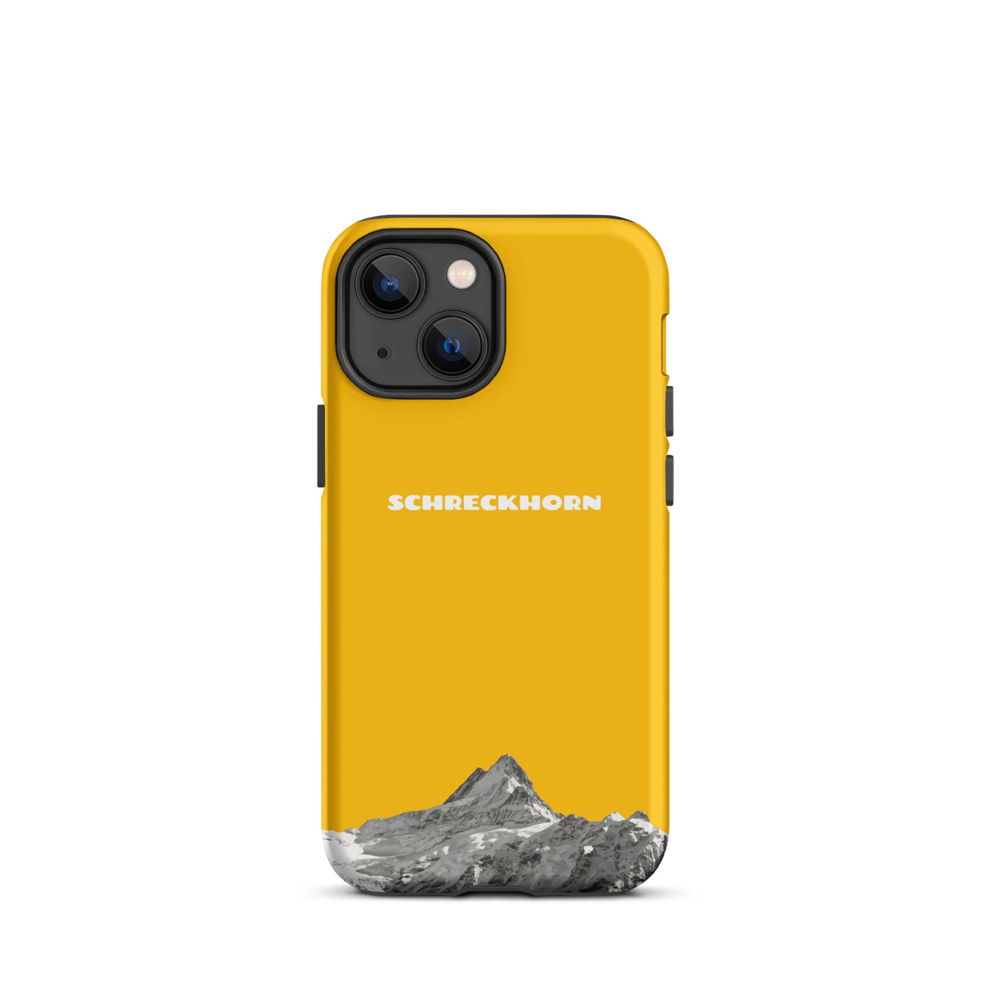 Goldgelbe iPhone 13 mini Handyhülle mit Schreckhorn-Design, robustes Material, präzise Aussparungen