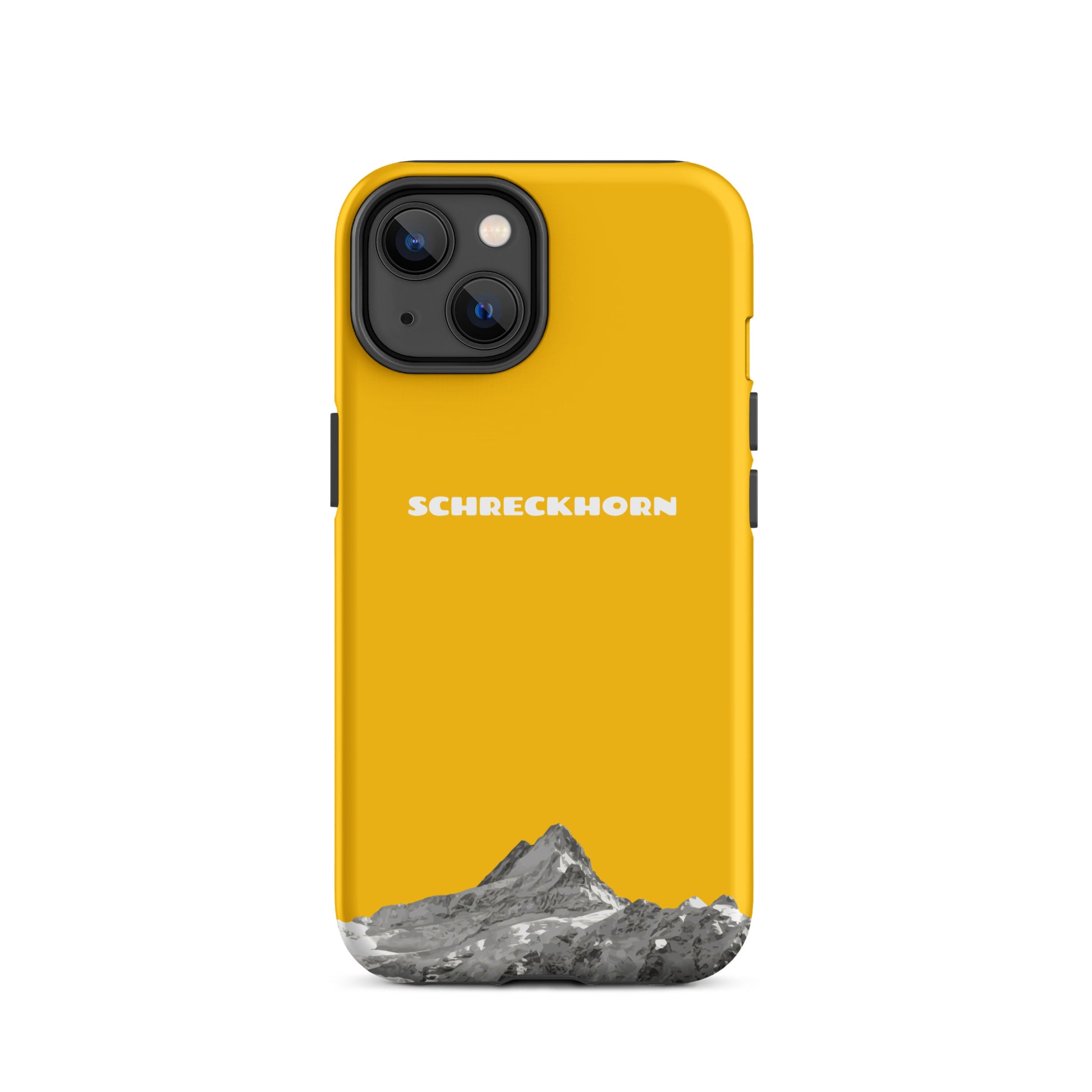 Goldgelbe iPhone 14 Hülle mit Schreckhorn-Motiv, stoßfest und elegant.